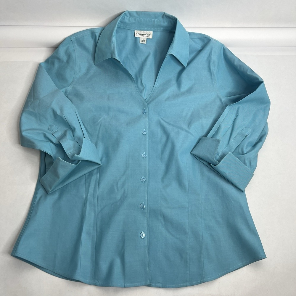 Coldwater Creek Womens Blouse M Teal Blue/Green 100% Cotton Collared 3/4 Sleeve